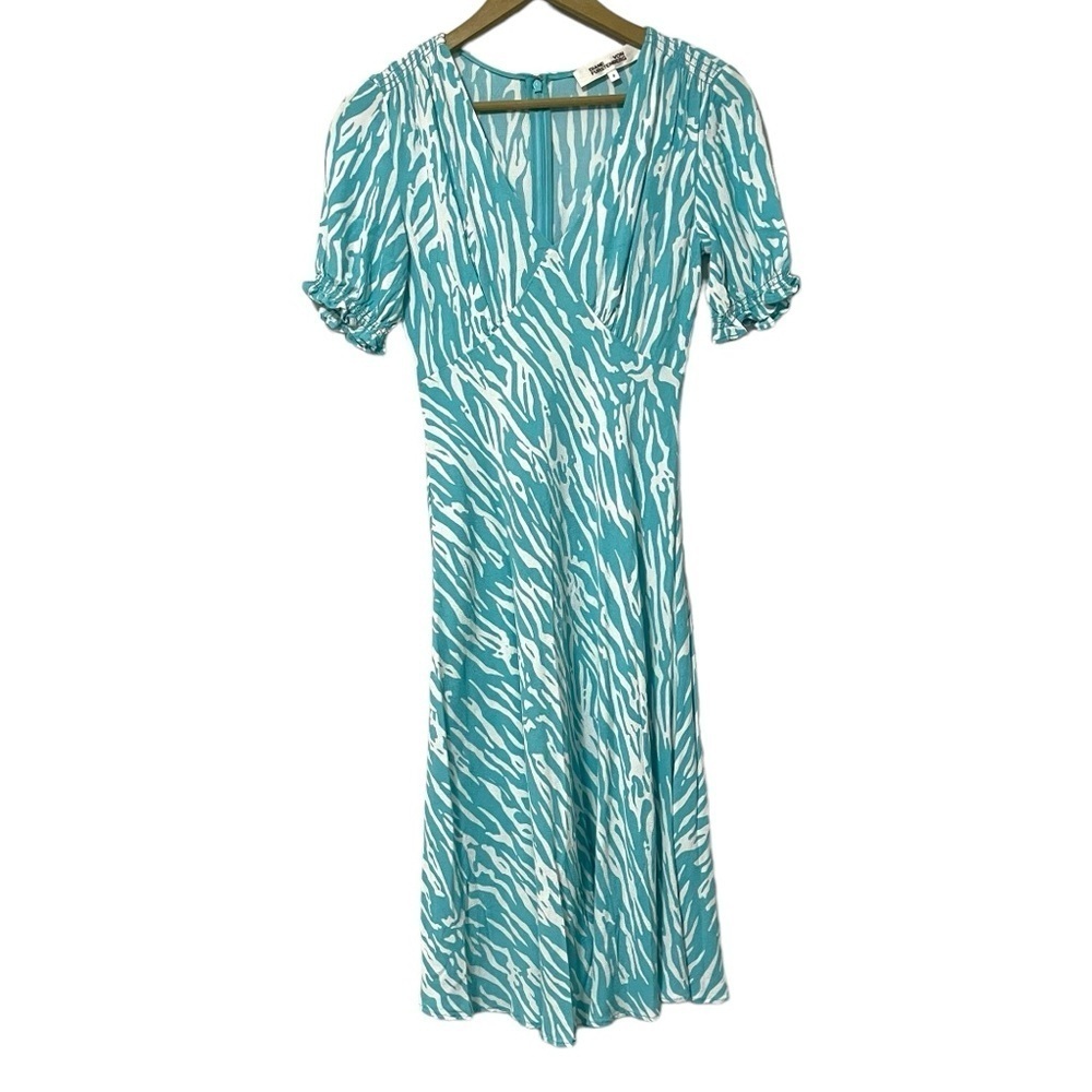 Diane Von Furstenberg Turquoise White Zebra Print Puff Sleeve Midi Dress Size 0